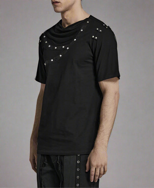 Men's Asymmetric Drop Collar Cracked Leather T-shirt
