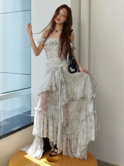 Light Gray Printed Ruffles Elegant Long Dress