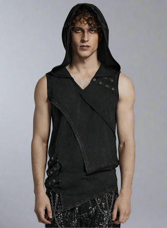 Men's  Elastic Knitted Hooded  Black Tank