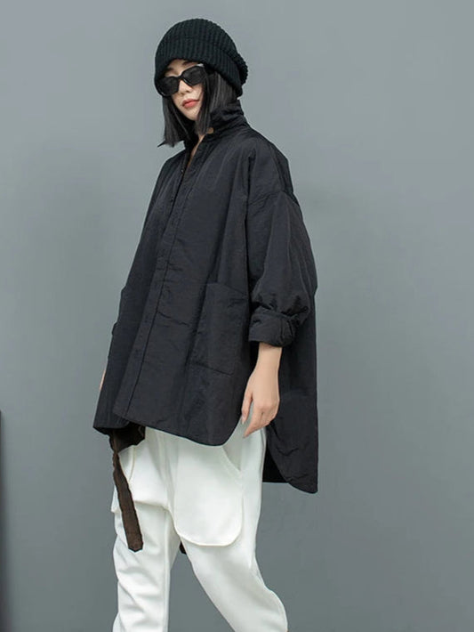 Women's  Cotton Turn-down Collar Large Pockets Midi Length Asymmetrical Jacket