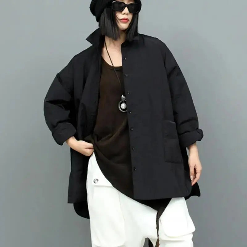 Women's  Cotton Turn-down Collar Large Pockets Midi Length Asymmetrical Jacket Blue Moon Fashion House