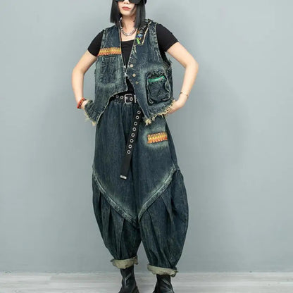 Blue Moon Fashion New Retro Ethnic Style Embroidery Denim  Two-piece Set