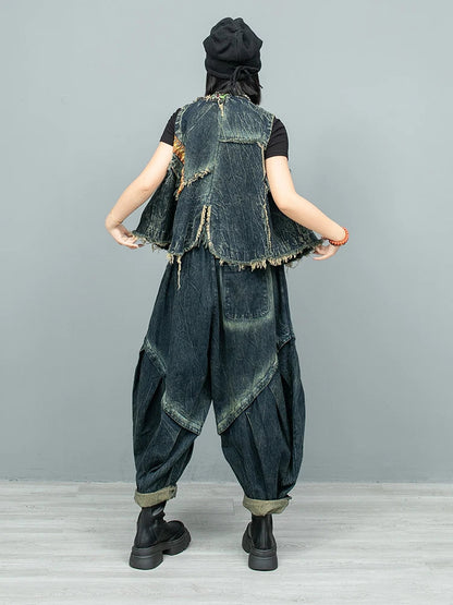 Blue Moon Fashion New Retro Ethnic Style Embroidery Denim  Two-piece Set