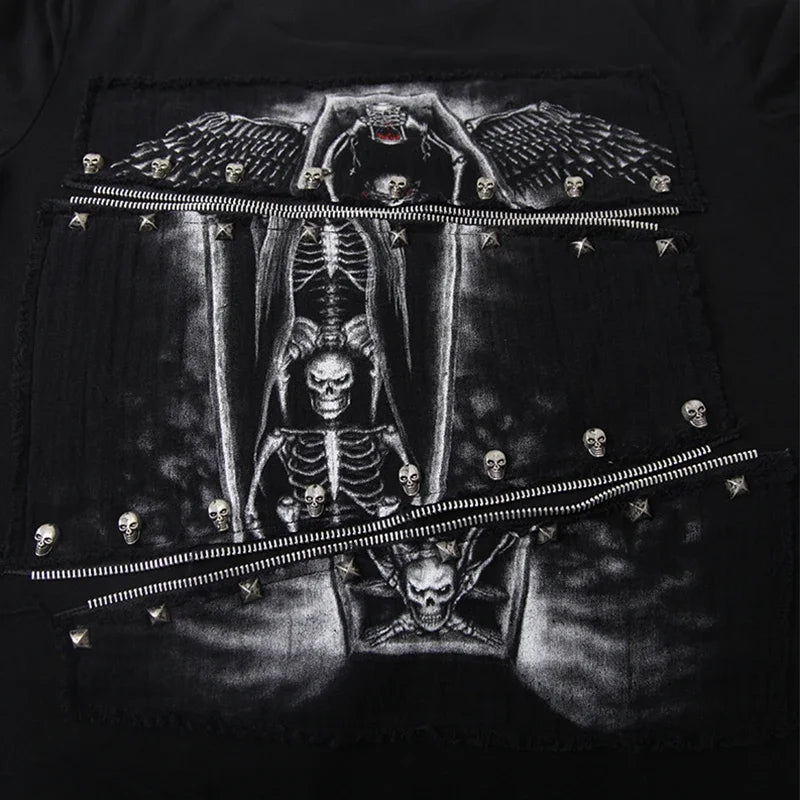 Men's Fashion Rock Casual Black 3D Printing Skull Cotton Elastic Long Top