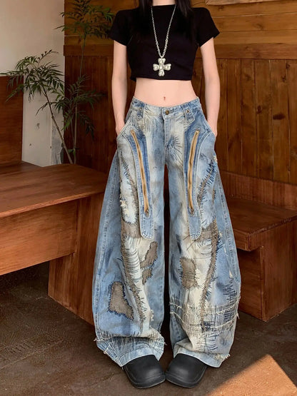 Blue Moon Fashion  Loose Jeans High Waist Wide Leg Embroidery Distressed