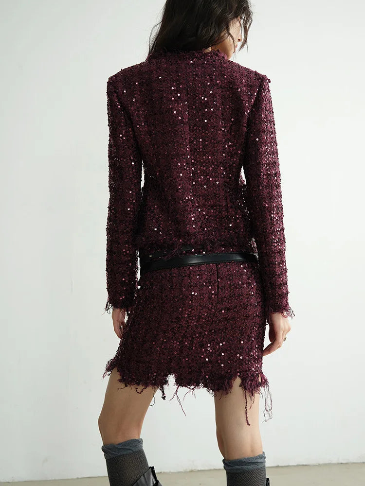 Wine Red Sequins  Two Pieces Suit