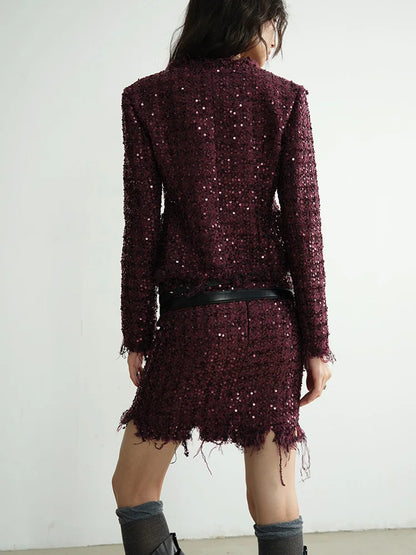 Wine Red Sequins  Two Pieces Suit