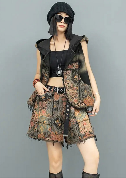 Blue Moon Fashion Women's  Suit Personality Distressed Printed Denim  Two-piece Set