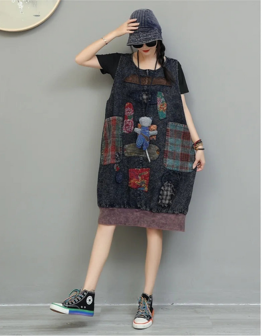 Blue Moon Fashion Vintage Patchwork Knee Length Sleeveless Dress
