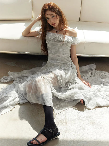 Light Gray Printed Ruffles Elegant Long Dress