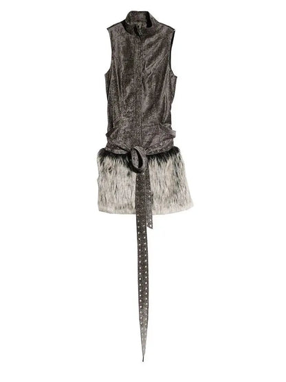 Blue Moon Fashion Women Gray Fur Spliced Bandage Elegant Mini Dress Blue Moon Fashion House