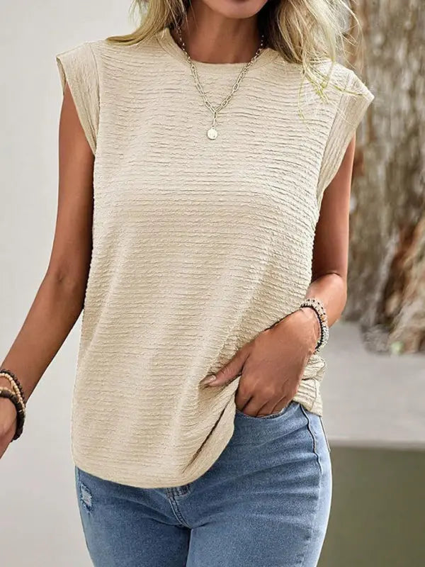 Pleated Round Neck Fashion Casual T-Shirt kakaclo