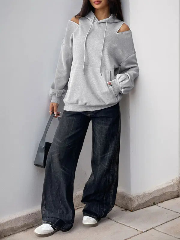Blue Moon Fashion Long Sleeve Off-Shoulder Hooded Pullover Sweatshirt