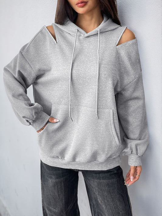Blue Moon Fashion Long Sleeve Off-Shoulder Hooded Pullover Sweatshirt