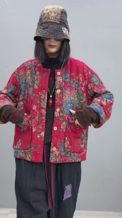 Big Flower Cotton Thick Jacket + Pant Two-piece Set Women Fashion LX2620