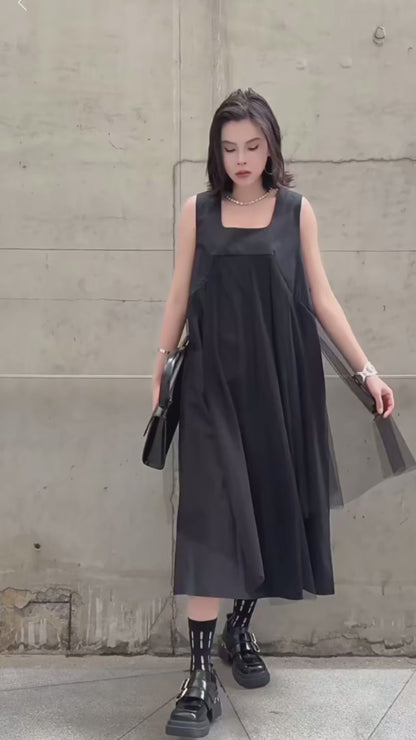 Gray Mesh Dress Color-block Big Size Midi Vest