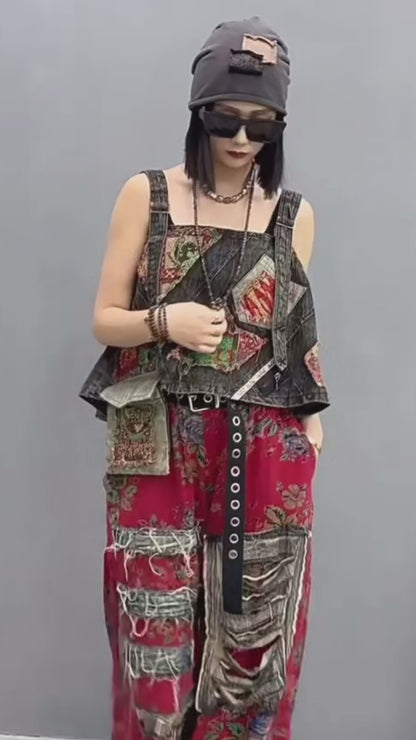 Blue Moon Fashion Vintage Style Printed Denim Vest Wide-leg Trousers Two-piece Set